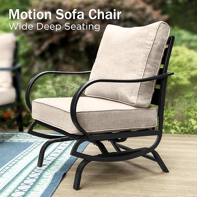 PHI VILLA 7 PCS Outdoor Patio Furniture Set with 2*C-Base Chairs, 1 * 3 Seater Padded Deep Seating Bench Sofa, 2*Padded Armrest Leg Chairs and 2*Metal Cushioned Ottoman for 7 Person