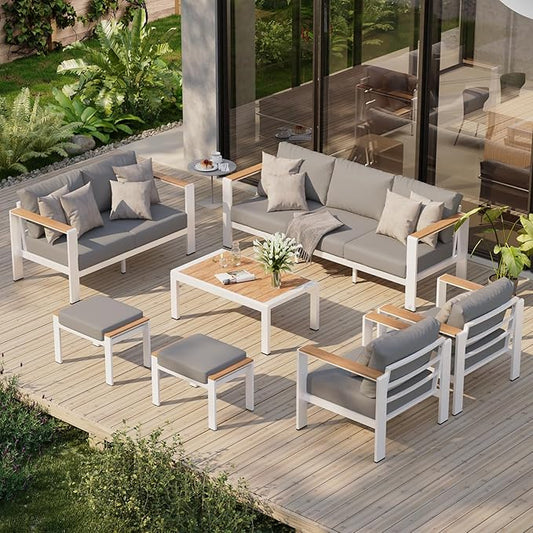 Aluminum Outdoor Patio Furniture Set with Coffee Table, 7 Piece Patio Conversation Sets with Thick Cushion, Ottomans, Patio Sectional Furniture Set for Porch, Balcony, Deck, Yard, White