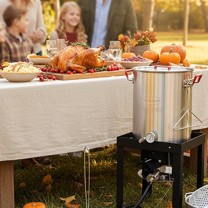 Creole Feast TFP1030 30 Qt. Turkey Fryer and 10 Qt. Fish Fryer Kit with 50,000 BTUs Propane Burner, Outdoor Deep Fryer & Seafood Boiler Steamer for Outdoor Cooking, Silver & Black