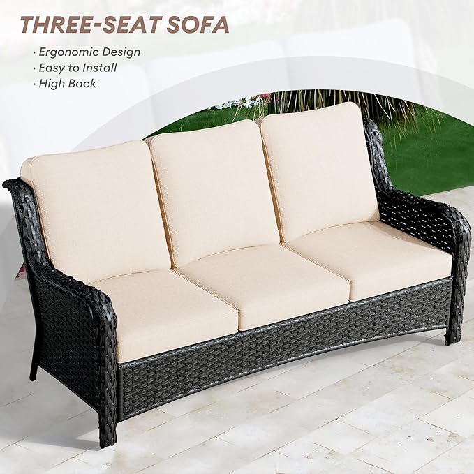 HOOOWOOO Patio Outdoor Furniture with Large Fire Pit Table,High Back 6 Piece Wicker Patio Conversation Set with Swivel Chairs,7 Person Couch Sofa Seating,Beige