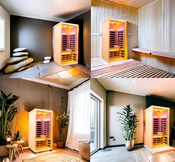1 Person Infrared Sauna for Home Deluxe Transparent Large Glass Hemlock Wood Low EMF FAR Infrared Sauna, 1420 watts 7 Heating Panels Indoor Personal Saunas with Blue-Tooth, LCD Display