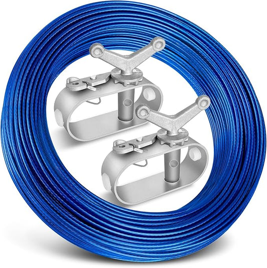 Belleone Swimming Pool Cover Cable and Winch Kit - 150ft Plastic-Coated Steel Pool Cover Wire & Aluminum Spring Loaded Pool Cover Ratchet for Above Ground Swimming Pool Winter Safe (Blue)