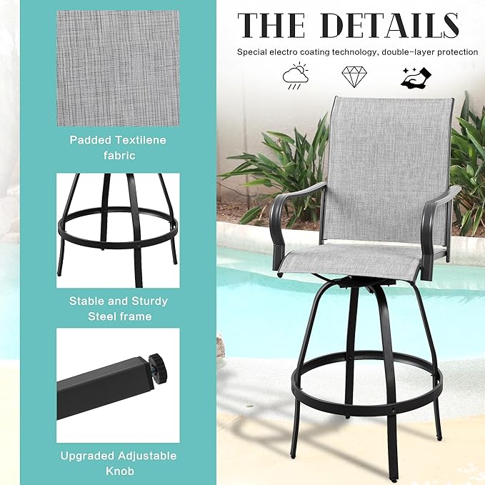 Vongrasig 2 Piece Patio Swivel Bar Chairs, All Weather Metal Textile High Swivel Bar Stools Chairs, Outdoor High Top Bistro Set for Backyard, Lawn Garden, Balcony, Light Grey