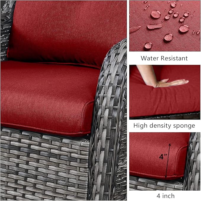 HUMMUH 6 Pieces Patio Furniture Set with Fire Pit Table Outdoor Conversation Set PE Wicker Patio Couch Swivel Glider Chairs Ottomans for Balcony Garden,Lawn,Deck