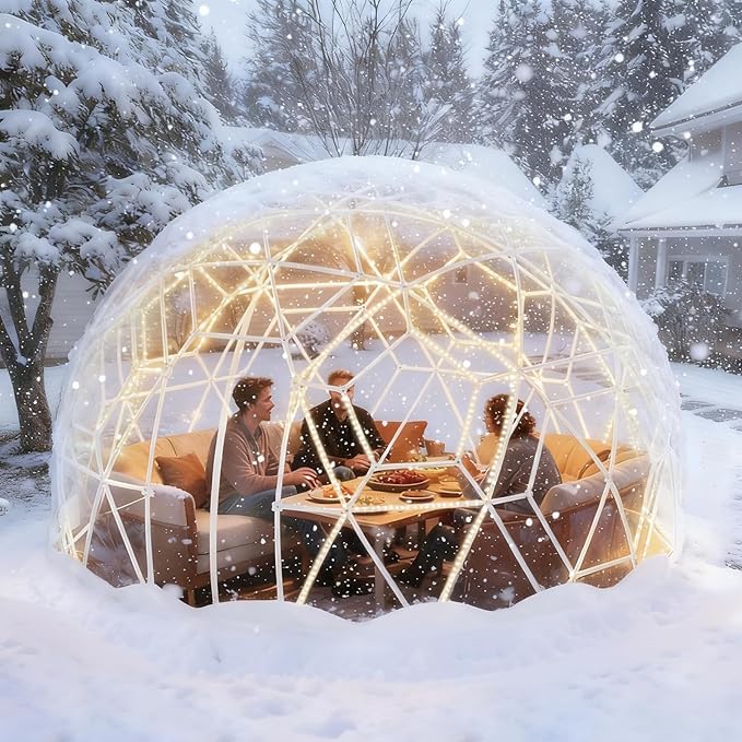 Garden Dome Tent, 12 x 7.2 ft Outdoor Clear Bubble Tent for 2-4 Person, All-Weather Geodesic Dome Greenhouse with Window & Door, PVC Transparent Tent for Patio, Camping, Party (12FT - White)