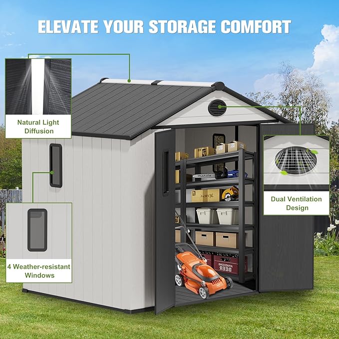 COOS BAY 8x6 Outdoor Resin Storage Shed with Floor, 2 Lockable Doors, All-Weather Durable Garden Shed for Tools & Equipment, White/Gray