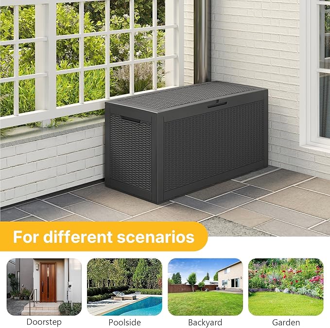 100 Gallon Deck Box Outdoor Waterproof, Rattan Outdoor Storage Box, Patio Storage Boxes for Cushions, Pillow, Garden Tools, Equipment