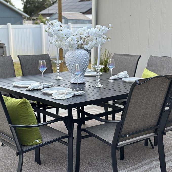 Patio Table and Chairs Set of 8, All-Weather Breathable Textilene Patio Chair with Gourd-Shaped Armrests, 60x60 Square Table with Umbrella Hole, 9 Pcs Metal Frame Patio Dining Set