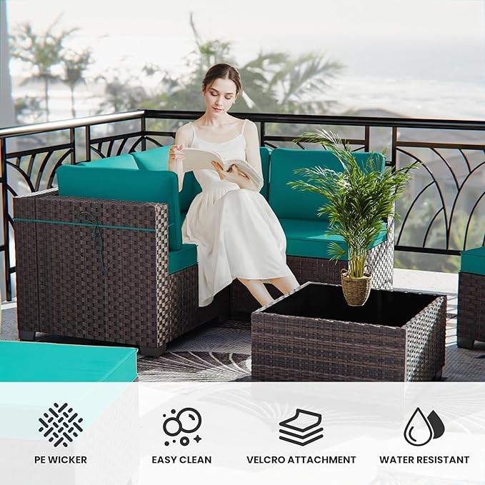 11 Pieces Outdoor Patio Furniture Set Outdoor Furniture Patio Sectional Sofa Conversation Sets w/ETL Approved 45" Gas Outdoor Fire Table & Coffee Table, Swivel Rocking Chair (Turquoise)