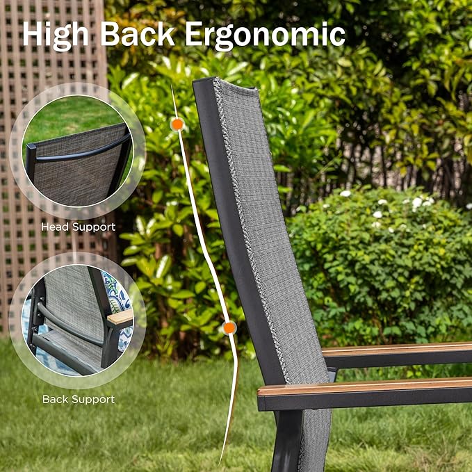 PHI VILLA Outdoor Stackable Chairs, Patio Chairs Set of 2, Light Weight Aluminum Frame with Textilene Fabric & Wood Armrest, High Back Deck Chairs for Poolside Lawn Garden, Gray