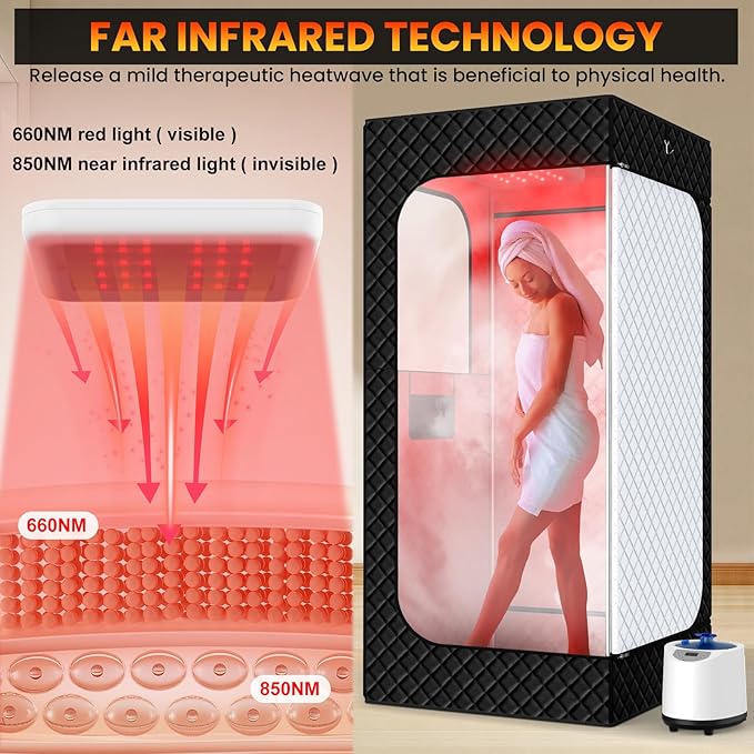 Infrared Sauna Box for Home, Portable Steam Saunas Indoor with 660nm Red Light Therapy Lamp, 3L Steamer, Folding Chair, Large Personal Full Body Sauna Spa Tent, 15 Levels