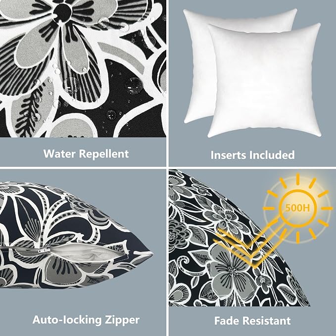 LVTXIII Outdoor Throw Pillows, Decorative Throw Pillows with Inserts, 20"x20" Square Pillows for Bed, Couch, Sofa and Patio Furniture, Set of 2, Flower Black
