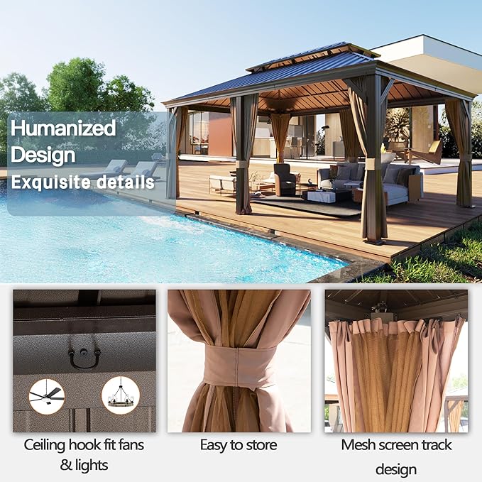 12' x 20' Outdoor Hardtop Gazebo Aluminum Frame with Double Metal Roof, Canopy Netting, Curtain, Patio Permanent Galvanized Steel Gazebo for Backyard, Garden, Party, Deck, Lawn
