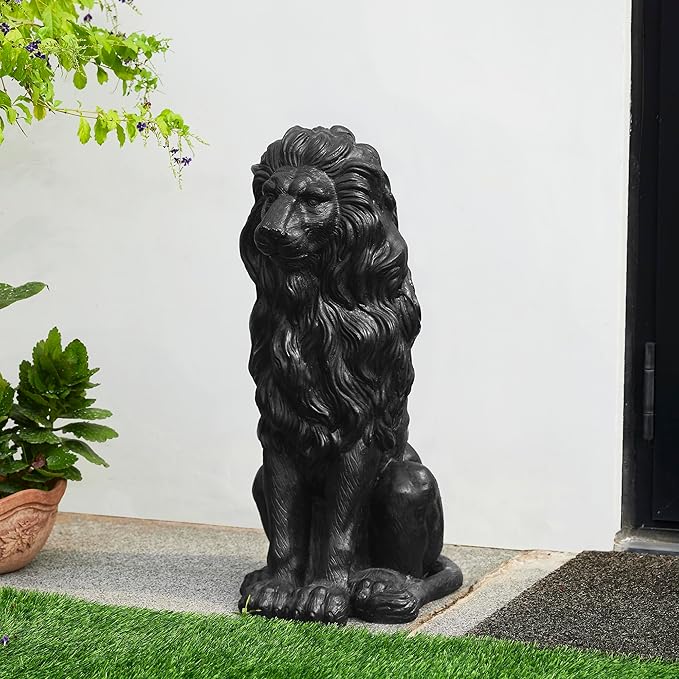 Glitzhome Guardian Sitting Lion Garden Statue MGO Outdoor Decoration, 27.75" H, Black
