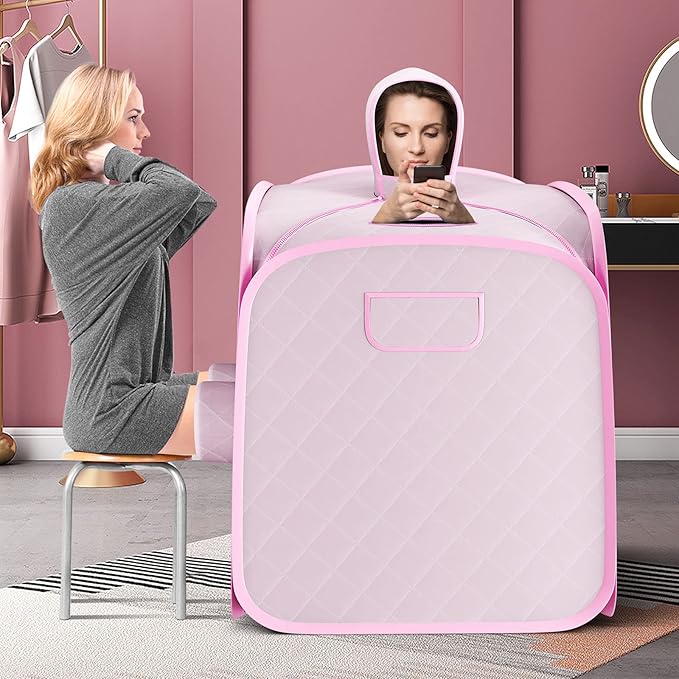 COSTWAY Portable Steam Sauna, Remote Control, 3L Steamer, Foldable Sauna Spa with 9 Temperature and 90 Mins Timer, Atomization, Personal Sauna Hat Tent for Detox Relaxation (Pink)