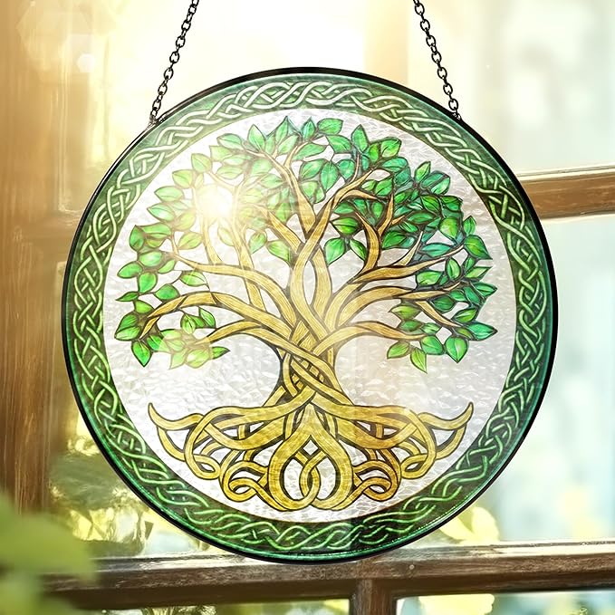 FLAGWIX Christmas Tree of Life Gifts for Women Men - Stained Glass Window Hanging 8 in - Xmas Birthday Gifts for Mom Grandma, Tree of Life Christmas Decorations Indoor, Celtic Suncatchers Garden Decor