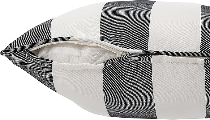 Outdoor Throw Pillow with Insert 18x18 Inch, Set of 2, Piping Edge Waterproof Fade Resistant Decorative Fluffy Pillows for Patio Furniture Chair Bench Couch Sofa - Black Ivory Striped