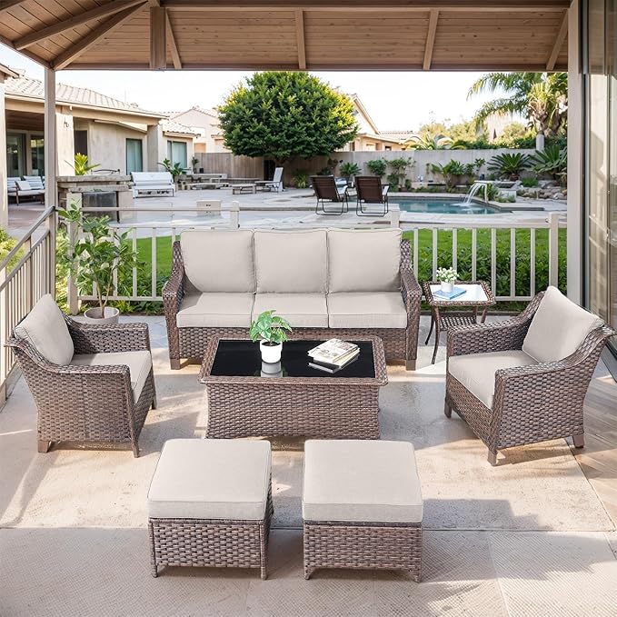 Patio Furniture Set-7 Pieces Outdoor All-Weather Wicker Conversation Set Outdoor Rattan Sofa Couch with Patio Chairs Ottomans for Porch Garden Backyard Poolside-Brown/Beige