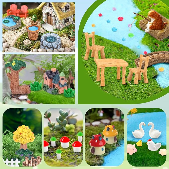 50 Pcs Fairy Garden Miniatures Accessories Bridge House Landscape Water Well Animal Fence Tree Sand Chair Table Pond Mushroom Lawn Ornament for DIY Craft Mini Garden Scenery Succulent Decor
