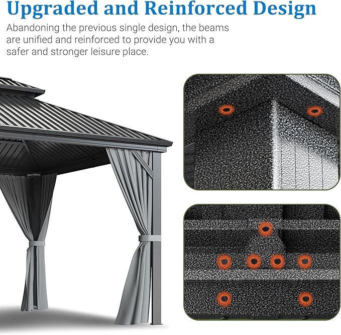 WKM 10x14 FT Hardtop Gazebo with Heavy Duty Galvanized Steel Double Roof, Aluminum Frame Permanent Pavilion with Curtains and Netting, Outside Canopy Gazebo for Patio, Deck and Backyard,Gray
