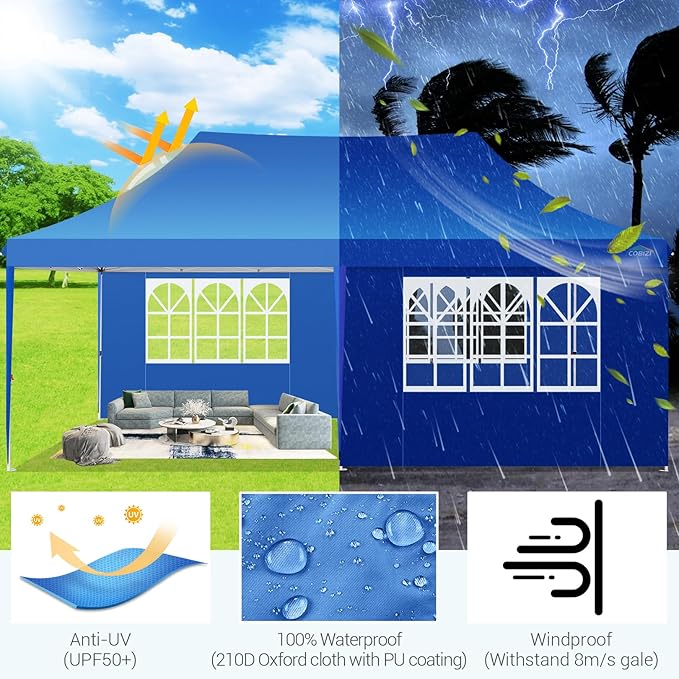 COBIZI 10x20 Pop Up Canopy with 6 Sidewall, Commercial Canopy UPF 50+ Waterproof Outdoor Gazebo with Carry Bag, Tents for Parties with Upgrade Frame, 3 Height Adjustable, Blue
