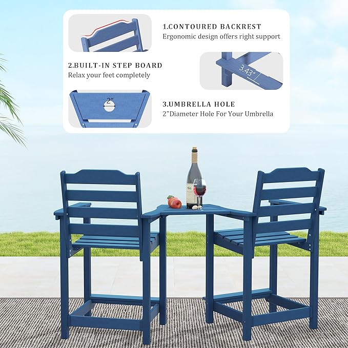 OTSUN Tall Adirondack Chairs Set of 6 with Connecting Tray, 24 inches HDPE Bar Height Outdoor Chairs, All Weather Resistant for Balcony, Porch, Kitchen (6 PCS, Navy Blue)