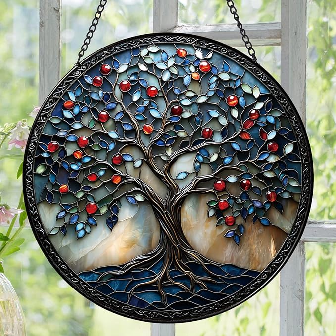 Colorful Tree of Life Suncatcher -7.9 in Stained Glass Window Hanging Sun Catcher Garden Decor