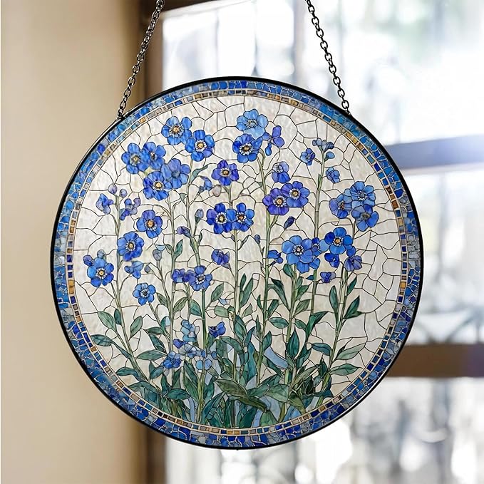 Forget-Me-Not Suncatcher -7.9 in Stained Glass Window Hanging Sun Catcher Garden Decor