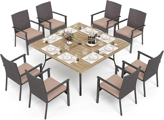 PHI VILLA 9 Pieces Patio Dining Set for 8, 60” Wood-Like Large Square Metal Steel Dining Table & Rattan Wicker Chairs with Cushions, Outdoor Dining Furniture for Deck, Yard, Porch