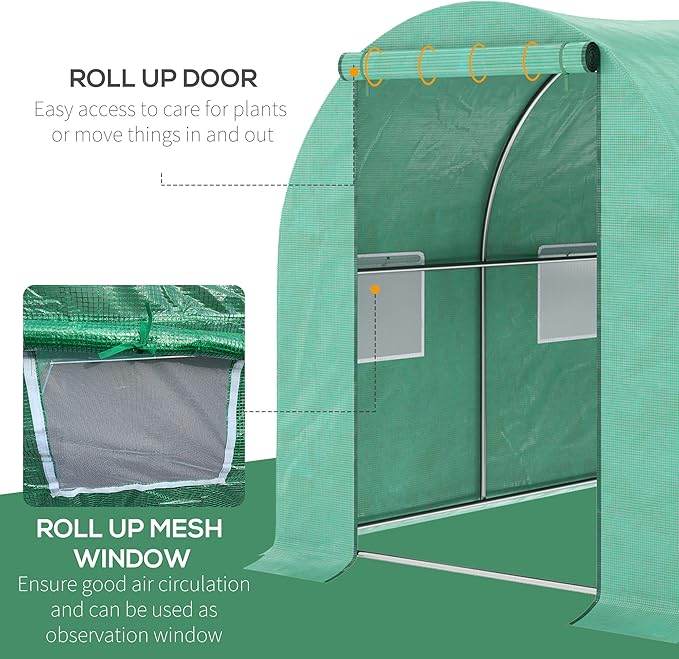 Outsunny 15' x 7' x 6.5' Walk-in Tunnel Hoop Greenhouse, Green House for Outside with PE Cover, Steel Frame, Roll-Up Zipper Door & Windows for Flowers, Vegetables, Tropical Plants, Green