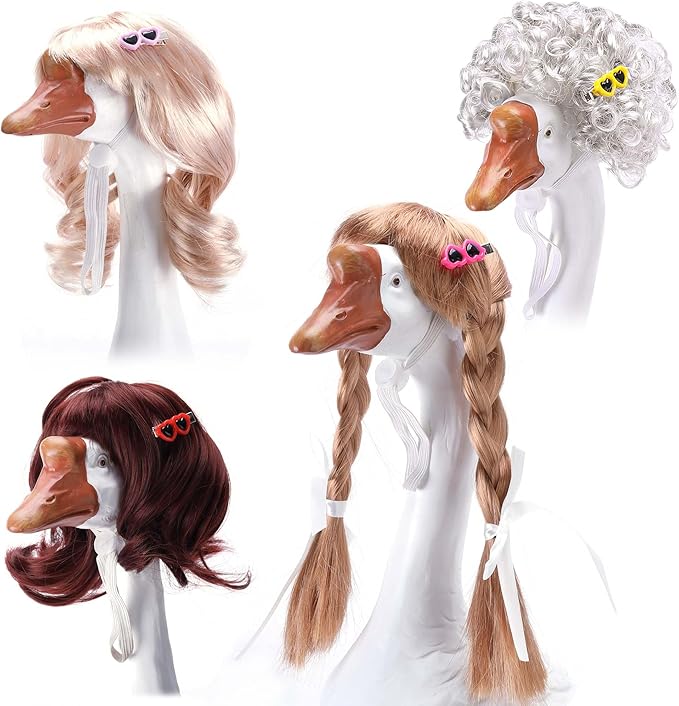 DECOHS 4 Pcs Porch Goose Wigs with Hair Clips, Cute Lawn Goose Statue Braid Wig, Porch Goose Outfits Costume for Outdoor Garden Patio Yard Goosey Decoration