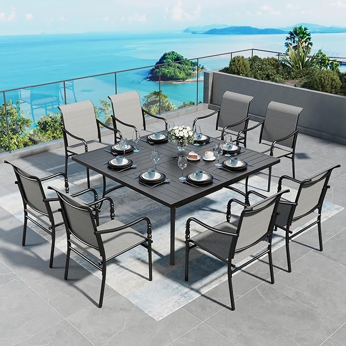 Patio Table and Chairs Set of 8, All-Weather Breathable Textilene Patio Chair with Gourd-Shaped Armrests, 60x60 Square Table with Umbrella Hole, 9 Pcs Metal Frame Patio Dining Set