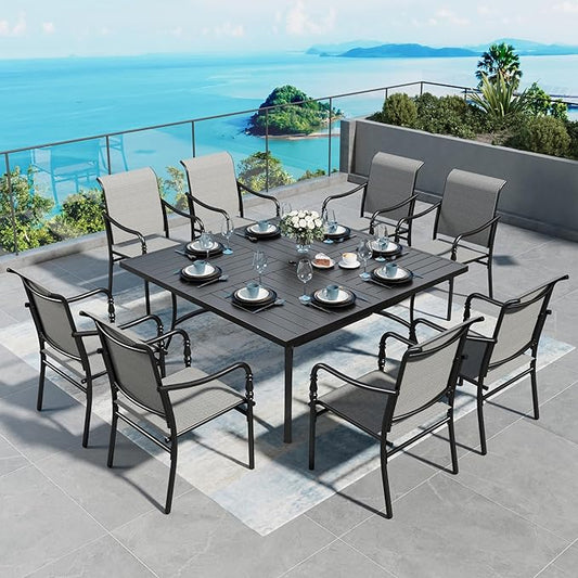 Patio Table and Chairs Set of 8, All-Weather Breathable Textilene Patio Chair with Gourd-Shaped Armrests, 60x60 Square Table with Umbrella Hole, 9 Pcs Metal Frame Patio Dining Set