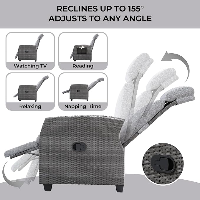 Indoor Outdoor Wicker Recliner Chair with Flip-Up Table Air Pump 155° Lay Flat, Adjustable Wicker Lounge Recliner Chair with Independently Backrest and Footrest