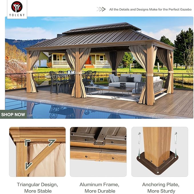 YOLENY 12' x 20' Hardtop Gazebo Wood Grain Pergola with Galvanized Steel Double Roof, Aluminum Frame, Outdoor Patio Gazebo with Netting and Curtains for Deck, Backyard, Patio and Lawns
