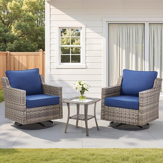 3 Pieces Outdoor Rocking Swivel Chairs with Side Table, Outdoor Furniture Swivel Chair with Comfy Cushions, Conversation Sets for Patio Deck Backyard Poolside