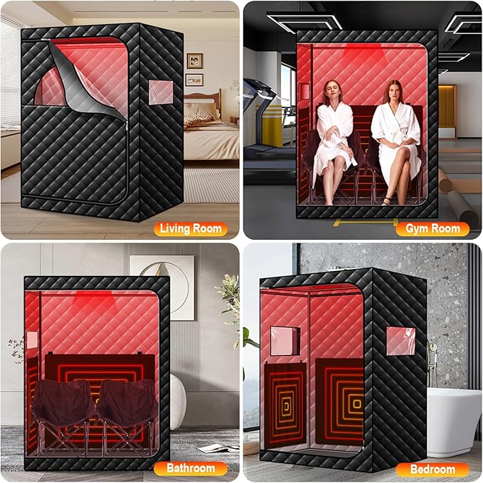 Portable Infrared Sauna with Red Light Therapy Lamp, 2 Person Steam Saunas Tent with 2 Large Folding Chairs, Remote Control, Dry Heated Indoor Home Spa for Gym/Pilates/Garage