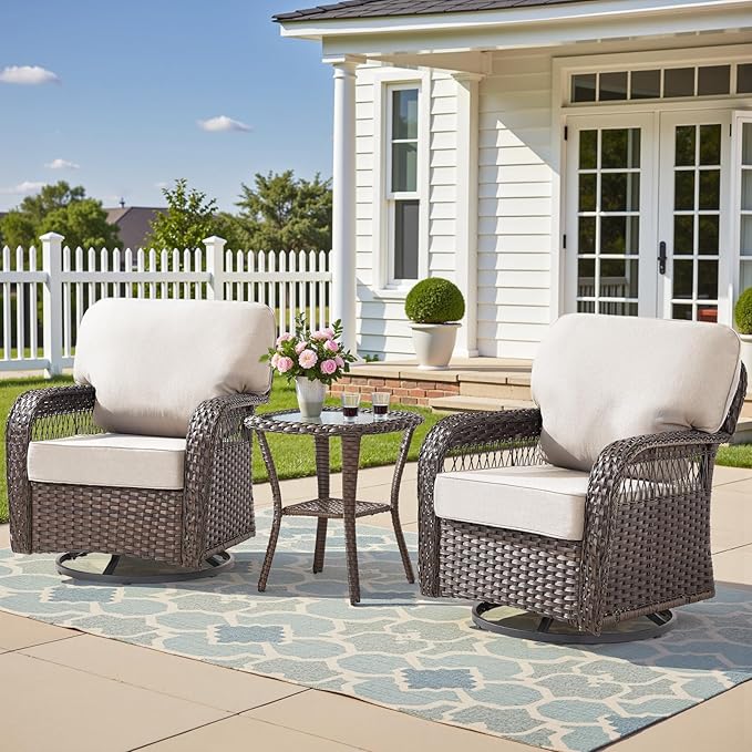 Outdoor Swivel Rocker Chairs - Patio Rocking Chairs Set of 2, 3PCS Wicker Patio Set with 5" Thick Cushion and Side Table, Rattan Patio Swivel Rocking Chairs for Porch, Deck, Backyard Beige/Brown