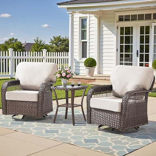 Outdoor Swivel Rocker Chairs - Patio Rocking Chairs Set of 2, 3PCS Wicker Patio Set with 5" Thick Cushion and Side Table, Rattan Patio Swivel Rocking Chairs for Porch, Deck, Backyard Beige/Brown