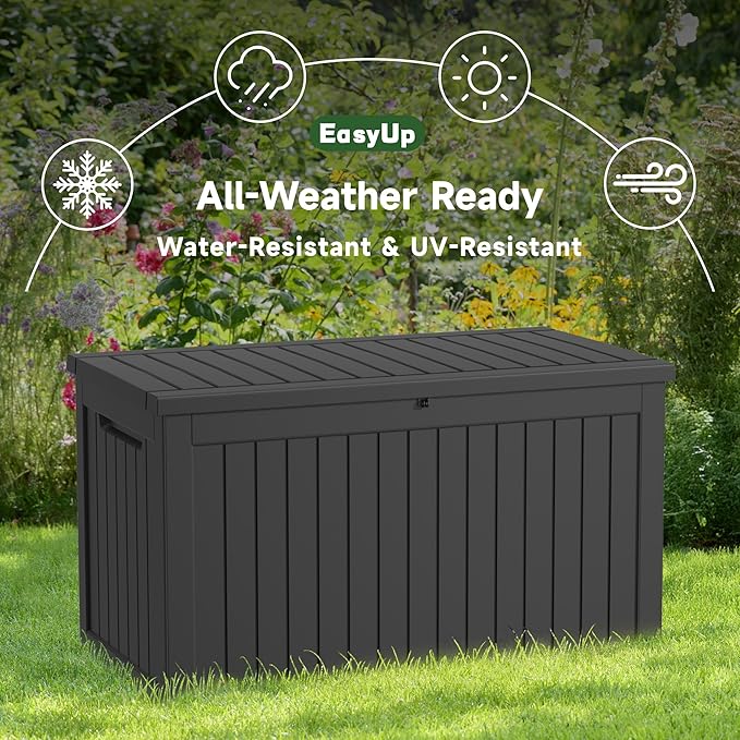 EasyUp 230 Gallon Outdoor Storage Box Waterproof, UV Resistant Resin Deck Box with Hydraulic Rod, Reinforced Stability for Patio, Garden,Striped Black