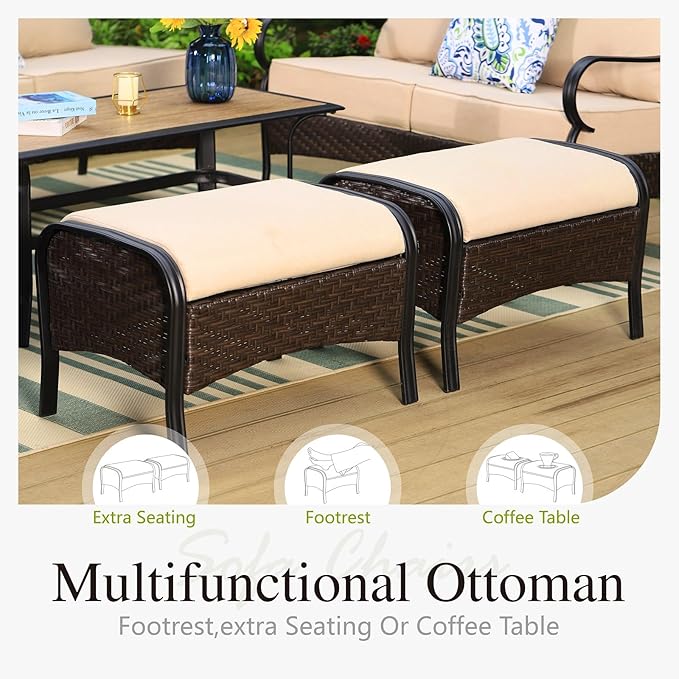 Sophia & William Patio Furniture Set, Outdoor Metal Conversation Set 9 Seats with 3-Seater Sofa, 2 Motion Chairs, 1 Loveseat, 2 Ottoman,1 Coffee Table for Seating, Lawn Porch Backyard,Beige