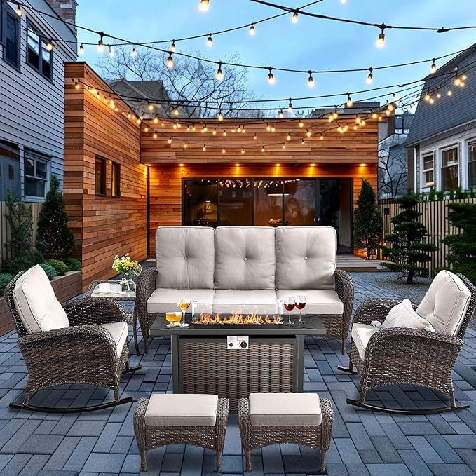 HUMMUH 7-Piece Outdoor Patio Furniture with Fire Pit Set,Wicker Patio Sofa Set Outdoor Rocking Chairs with Ottomans for Backyard,Poolside,Deck