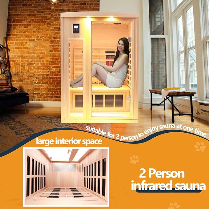 Ceramic Infrared Sauna 2 Person Far Infrared Sauna Hemlock Saunas Room for Home 2 in 1 Indoor Sauna with Low EMF Heaters + Ceramic Heating Cubes-Chromotherapy-Bluetooth Speaker