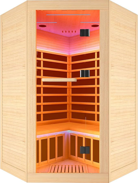 Sauna, Infrared Sauna 2 Person, 2 Person Sauna 9 Heating Plate 2180w Low EMF Room, Dry Sauna for Home, Wooden Sauna with 7-Color Therapeutic Lights and Bluetooth Speakers Room