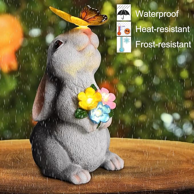 Solar Rabbit Outdoor Statues Garden Decor with Butterfly LED Lights Bunny Statue Decor for Patio Balcony Yard Lawn Ornament, Birthday Gardening Gifts for Mom Grandma Women