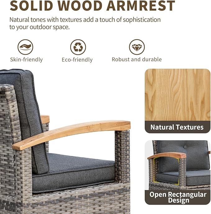 MEISSALIVVE 11 Piece Outdoor Patio Furniture Set, Half-Moon Curved Sectional Sofa Rattan Conversation Set with Wood Armrests, Coffee Table & 2 Side Table（Grey）