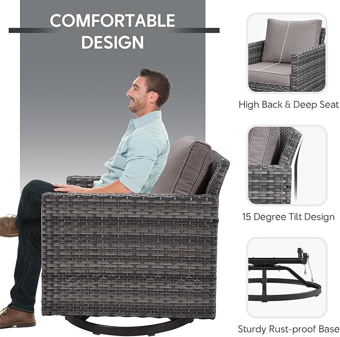 5 Piece Wicker Patio Furniture with Fire Pit Table - Outdoor Conversation Set with 50,000 BTU Fire Pit, All Weather Rattan Patio Set for Deck Backyard Garden - Grey Wicker Grey Cushion