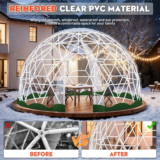 12FT Garden Dome Tent, Geodesic Dome Greenhouse with PVC Clear Cover, Waterproof Garden Bubble Dome Tent House with 2 x 10M Light Strings for Outdoor, Patio, Backyard, Party (Green Edge, 12.5FT/3.8M)