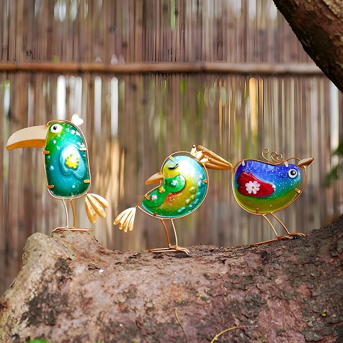 Funny Metal & Glass Bird Decor Set of 3 - Unique Colorful Indoor & Outdoor Garden Statues Whimsical Lawn Decorations Handmade Bird Sculptures Garden Decor for Outside