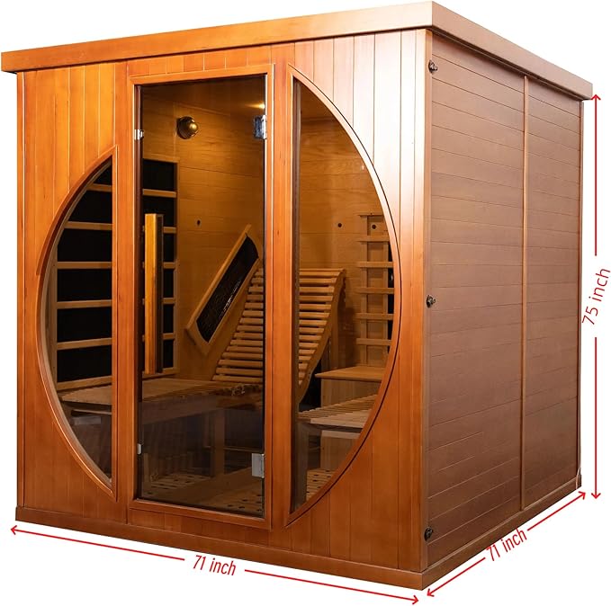 Far Infrared Wooden Sauna Room, Luxurious Canadian Red Cedar Sauna with 2 Oversize Recliners, 220V, 3400 W, 9 Heating Element, Bluetooth Speakers, 7 Color Light, Oxygen Bar, Low EMF